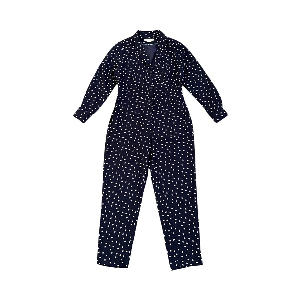 Boden Polka Dot Jumpsuit Women Long Sleeve Button Front Pockets Navy 8‎ Petite